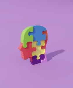 Colorful puzzle pieces forming a human head profile, representing peace and tranquility