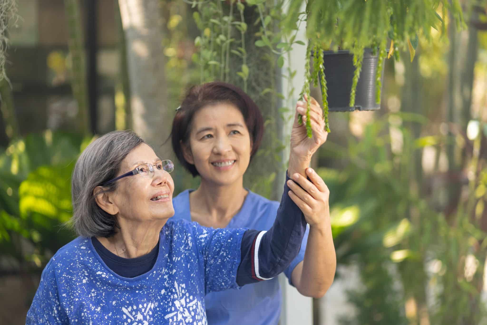Occupational therapist supporting an older adult as they tend to a hanging plant in a lush garden setting, symbolizing healing and engagement through meaningful daily activities.