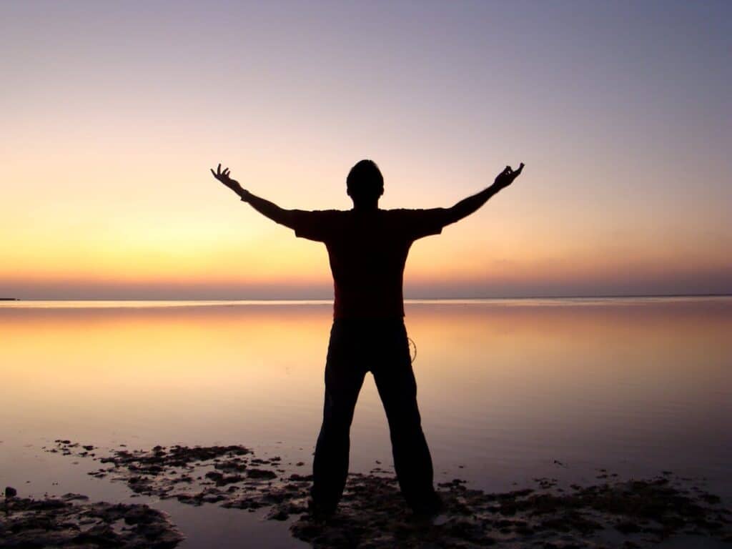 Person standing with arms raised at sunset representing recovery, independence, and improved mobility through occupational therapy and physical therapy.