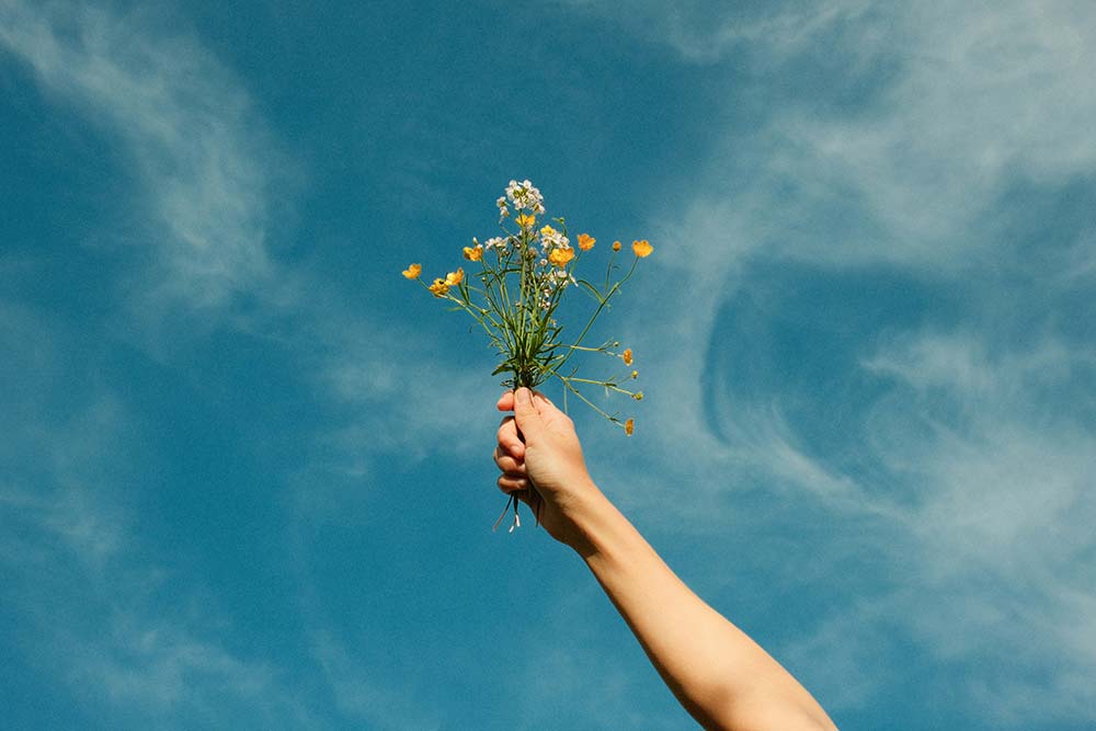 Hand holding a bouquet of wildflowers against a blue sky
